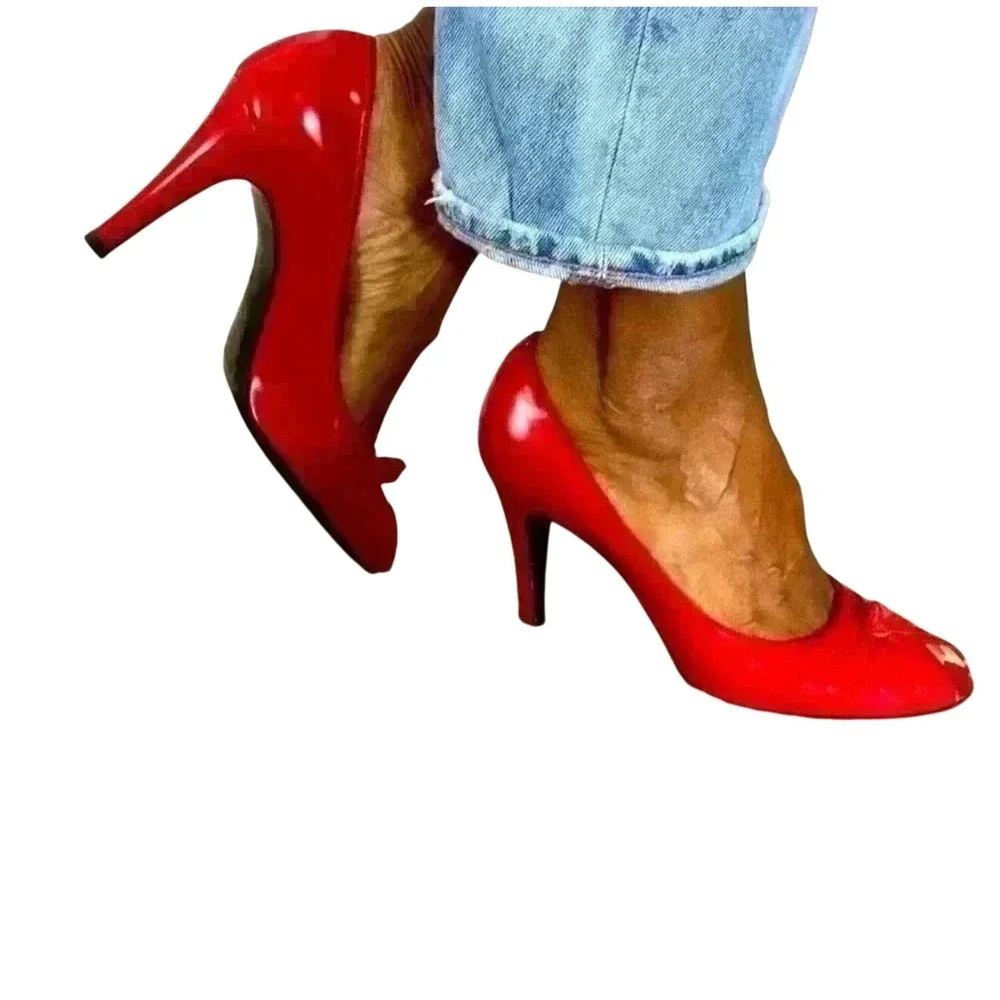Marc Jacobs Red Patent Leather Peep Toe Bow Stiletto Heels Women's Shoes